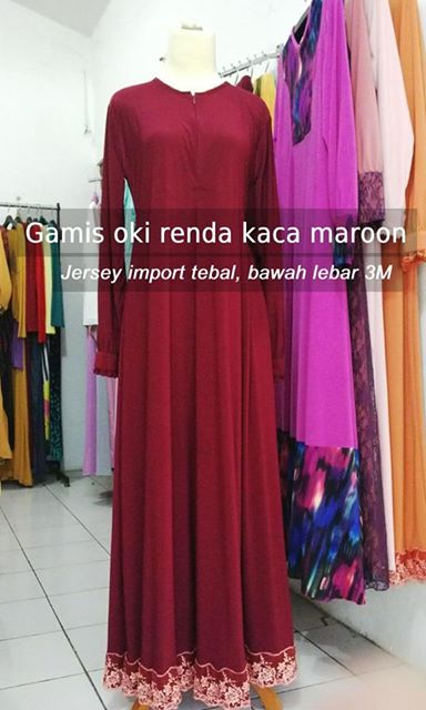 Gamis oki renda kaca maroon