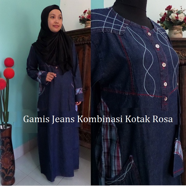 Gamis Jeans Kombinasi Kotak Rosa