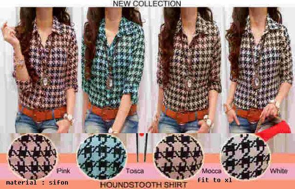 Atasan houndstooth normal @75RB, SALE JADI @35RB, SISA MOCCA Bahan : CHIFFON KANCING BUKAAN DEPAN Ukuran : Panjang 63cm , Lingkar dada 96cm all size fit l